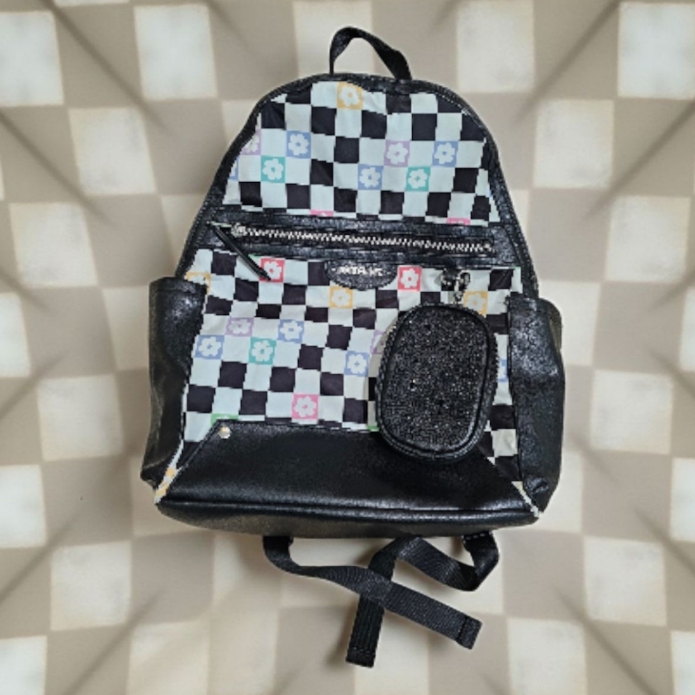 Madden NYC Checkered Flower Dome Backpack Black 17" Laptop Bag Y2K Cute Retro